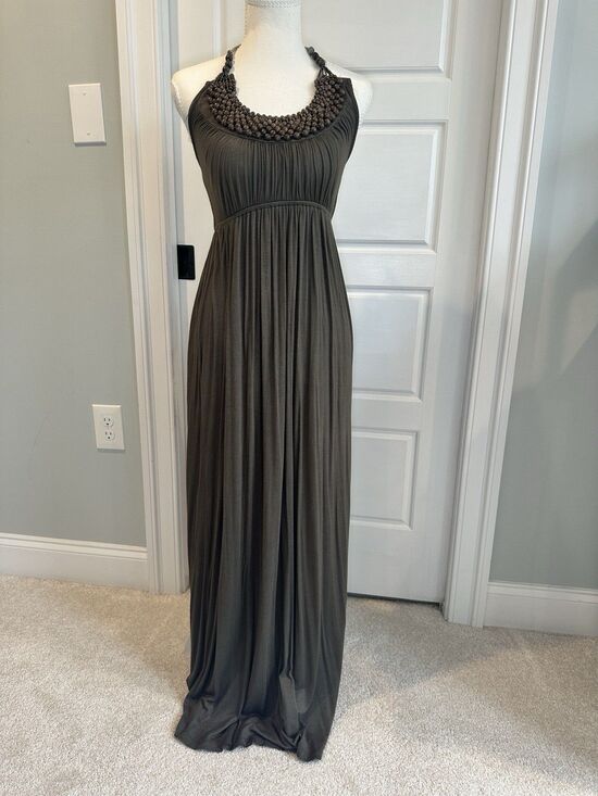 Wood Wood Dresses & Skirts - Olive Green Beaded Halter Maxi Dress – Boho Tribal Wood Bead Neckline – Size S